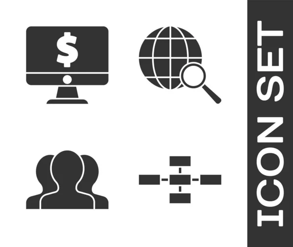 Zestaw Business hierarchia infografika wykres organogram, Monitor komputerowy z symbolem dolara, Grupa użytkowników i szkło powiększające z ikoną globu. Wektor — Wektor stockowy