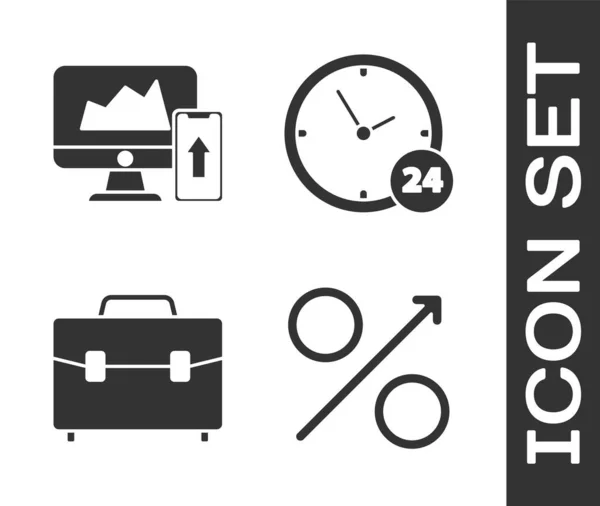 Réglez la flèche de pourcentage, le graphique financier ou le graphique sur l'écran de l'ordinateur et le téléphone mobile, la mallette et l'icône Horloge 24 heures. Vecteur — Image vectorielle