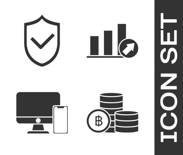 Set Cryptogeld munt Bitcoin, Schild met vinkje, Amerikaanse voetbalhelm en schild en presentatie financieel met grafiek, schema, grafiek, diagram, infographic, taart grafiek pictogram. Vector — Stockvector