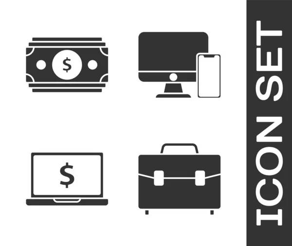 Set maletín, pilas de papel moneda en efectivo, Ordenador portátil con símbolo de dólar y casco de fútbol americano y escudo icono. Vector — Vector de stock