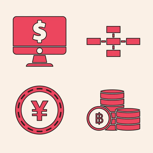 Установите криптовалютную монету Bitcoin, монитор компьютера с символом доллара, инфографику диаграммы бизнес-иерархии и монетные деньги с символом иены. Вектор — стоковый вектор