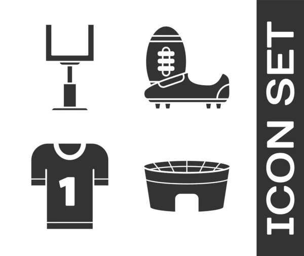 Set Football stadium, American football goal post, American football jersey and Soccer or football shoes with spikes icon. Vector