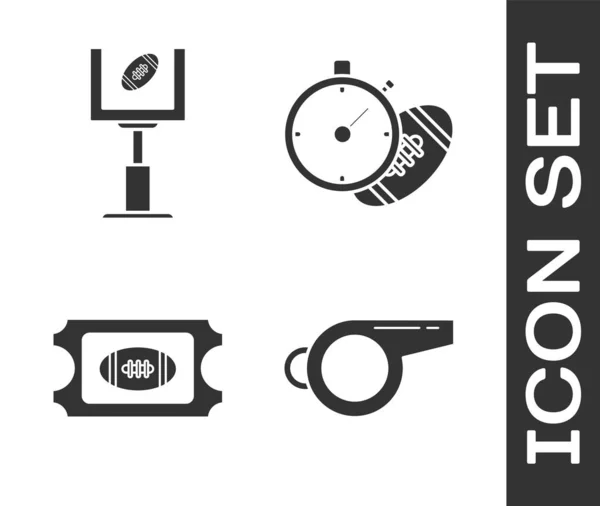 Set Whistle, American football goal post and football ball, American Football ticket and American Football ball and stopwatch icon. Vector — 스톡 벡터