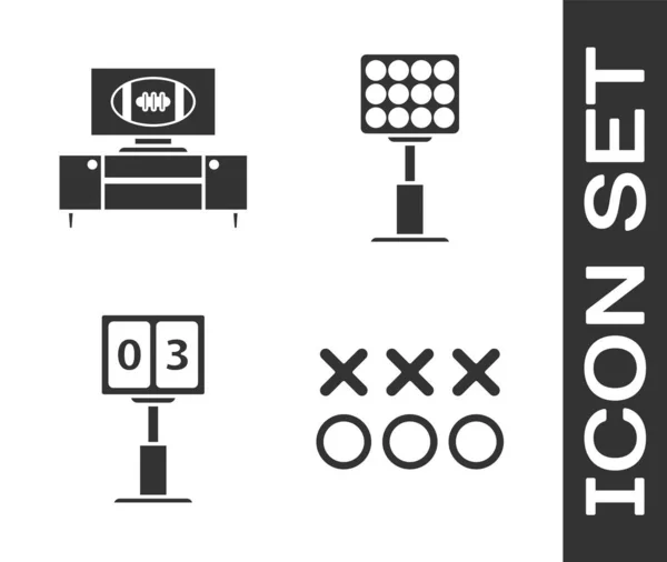Setzen Planungsstrategie Konzept, American Football auf TV-Programm und Stand, Sport Fußball mechanische Anzeigetafel und Ergebnisanzeige und helle Stadionbeleuchtung Symbol. Vektor — Stockvektor