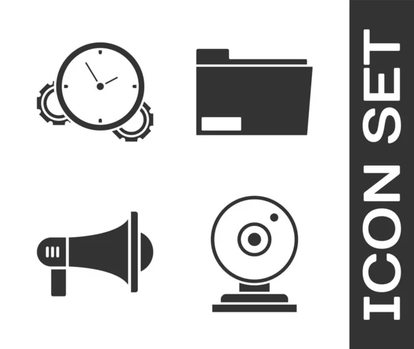 Stel Web camera, Time Management, Megaphone en Document map icoon. Vector — Stockvector