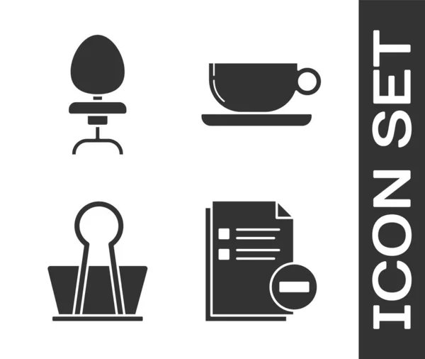 Conjunto Documento con menos, Silla de oficina, clip de carpeta y taza de café icono plano. Vector — Vector de stock