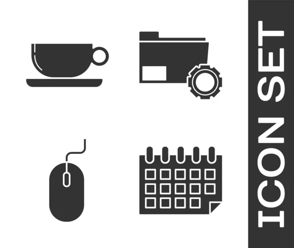 Establecer calendario, taza de café plana, ratón de la computadora y la configuración de carpetas con el icono de engranajes. Vector — Vector de stock