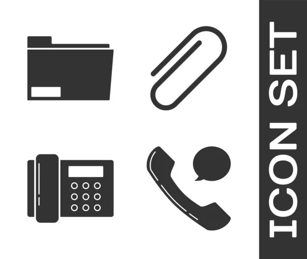 Definir telefone telefone e bate-papo bolha de fala, pasta de documentos, telefone e clipe de papel ícone. Vetor — Vetor de Stock