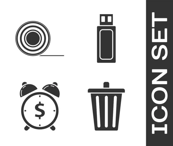 Set Papelera, Scotch, Reloj despertador con símbolo de dólar e icono de unidad flash USB. Vector — Archivo Imágenes Vectoriales