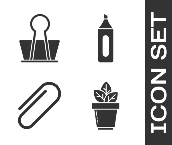 Set Flowers in pot, Binder clip, Paper clip and Marker pen icon. Vector — 스톡 벡터