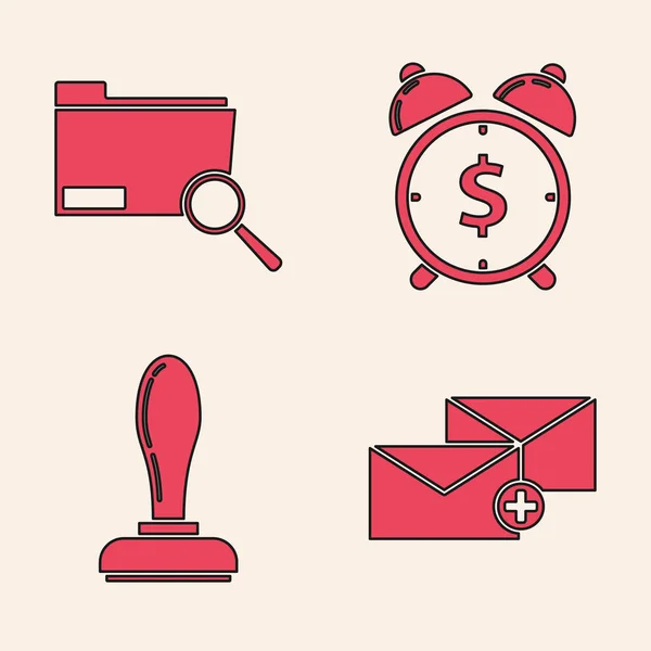 Set Envelope, Search concept with folder, Alarm clock with dollar symbol and Stamp icon. Vector — Stock Vector