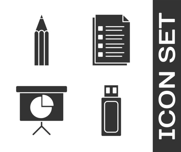 Establecer unidad flash USB, Lápiz, tablero financiero de presentación con gráfico, horario, gráfico, diagrama, infografía, gráfico circular y el icono de documento de archivo. Vector — Vector de stock