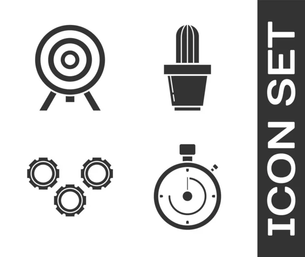 Ustaw teczkę, Target, Gear i kaktusa i soczysty w ikonę puli. Wektor — Wektor stockowy