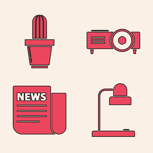 Set Table lamp, Cactus and succulent in pot, Presentation, movie, film, media projector and News icon. Vector — 스톡 벡터