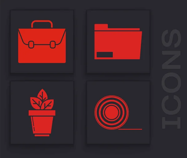 Set Scotch, mallette, dossier de document et fleurs dans l'icône pot. Vecteur — Image vectorielle