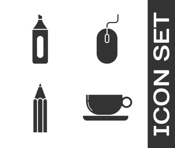 Nastavte plochý šálek kávy, tužku, tužku a ikonu Počítačová myš. Vektor — Stockový vektor