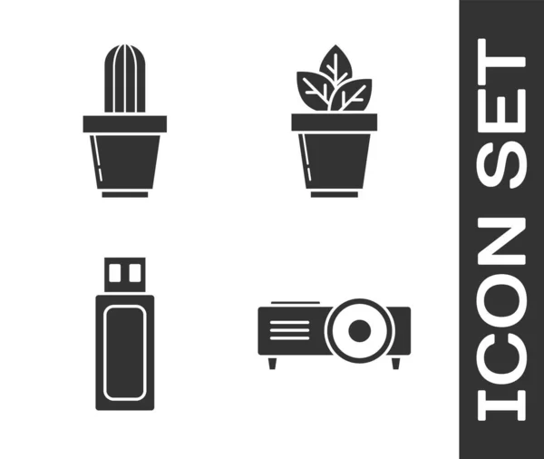 Set Presentación, película, film, media projector, cactus y suculentas en maceta, USB flash drive y Flowers in pot icon. Vector — Vector de stock