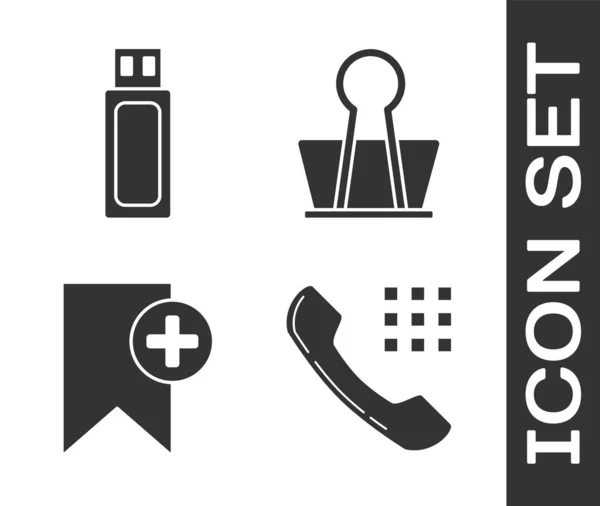 Conjunto de teléfono inalámbrico, unidad flash USB, marcador y el icono del clip Binder. Vector — Vector de stock