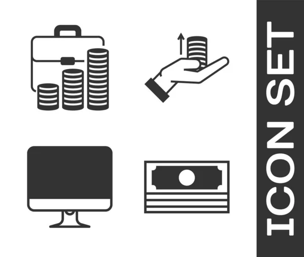 Set Stacks paper money cash, Briefcase and coin, Computer monitor screen and Money on hand icon. Vector — 스톡 벡터