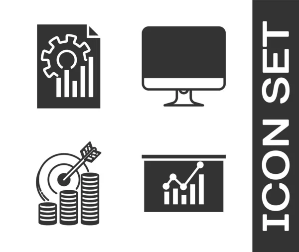 Set Board con grafico grafico, Documento con grafico grafico, Destinazione con simbolo della moneta e icona dello schermo del monitor del computer. Vettore — Vettoriale Stock