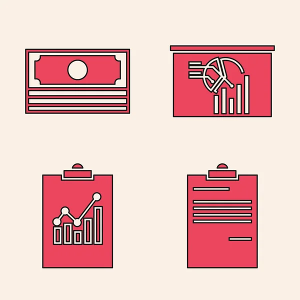 Set Document, Stacks paper money cash, Board with graph chart and Clipboard with graph chart icon. Vector — Stock Vector