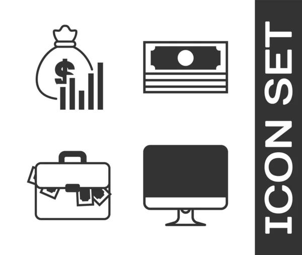 Állítsa be a számítógép monitor képernyőn, Pénzeszsák és diagram grafikon, aktatáska és pénz és halom papírpénzt készpénz ikon. Vektor — Stock Vector