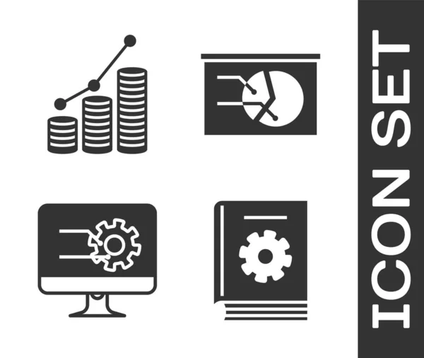 Establecer el manual del usuario, infografía gráfico de pastel y moneda, monitor de ordenador con gráfico gráfico y tablero con gráfico icono gráfico. Vector — Archivo Imágenes Vectoriales