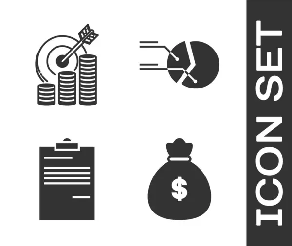 Állítsa Pénzeszsák, Célpont érme szimbólum, Dokumentum és Pie chart infographic ikon. Vektor — Stock Vector