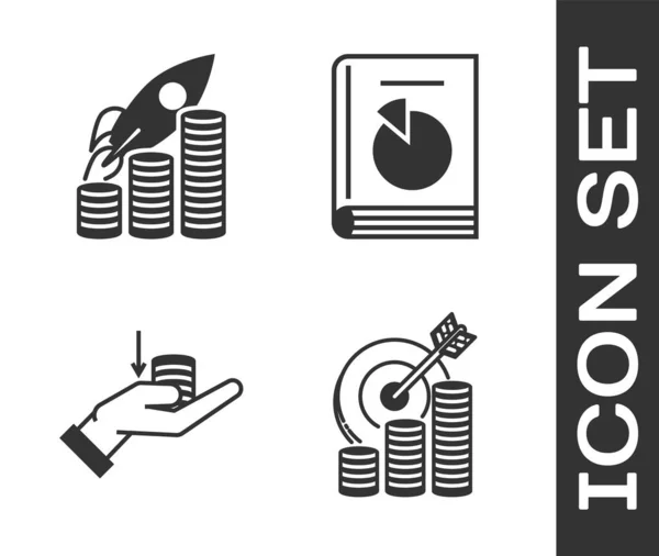 Cél beállítása érme szimbólum, Rakéta repül fel érmék növekedési diagram, pénz a kezét, és a felhasználói kézikönyv ikon. Vektor — Stock Vector