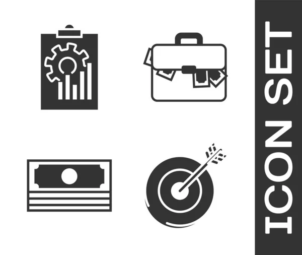 Ziel setzen, Klemmbrett mit Diagrammdiagramm, Papiergeld Bargeld und Aktentasche und Geld-Symbol stapeln. Vektor — Stockvektor