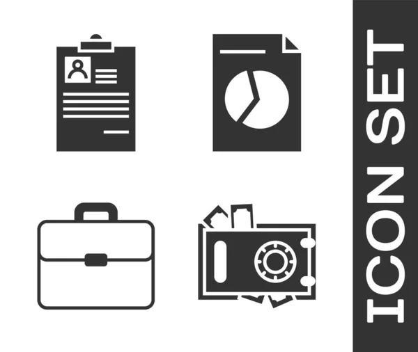 Set Veilig en geld, Klembord met CV, Koffer en Document met grafiek grafiek pictogram. Vector — Stockvector