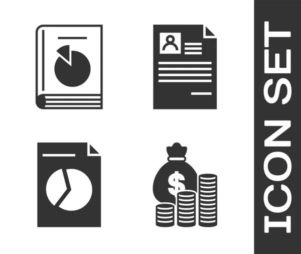 Set Geld zak en munt, gebruikershandleiding, Document met grafiek grafiek en hervatten pictogram. Vector — Stockvector