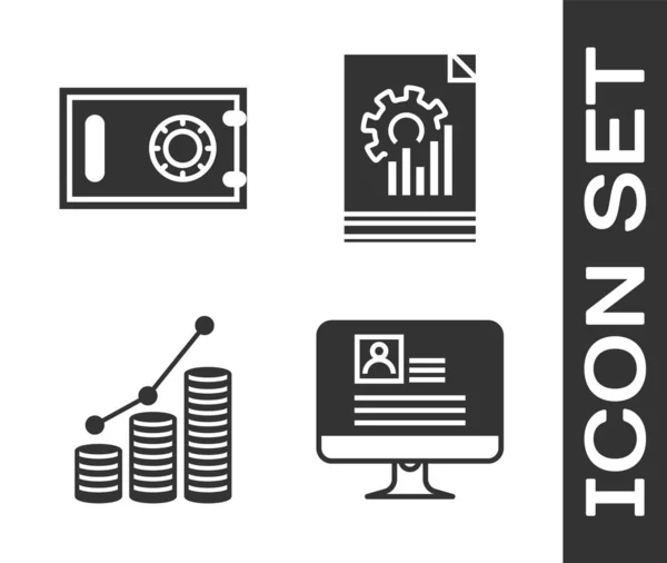 Zestaw Monitor komputerowy z CV, Bezpieczny, Pie wykres infografiki i monety i dokument z ikoną wykresu. Wektor — Wektor stockowy