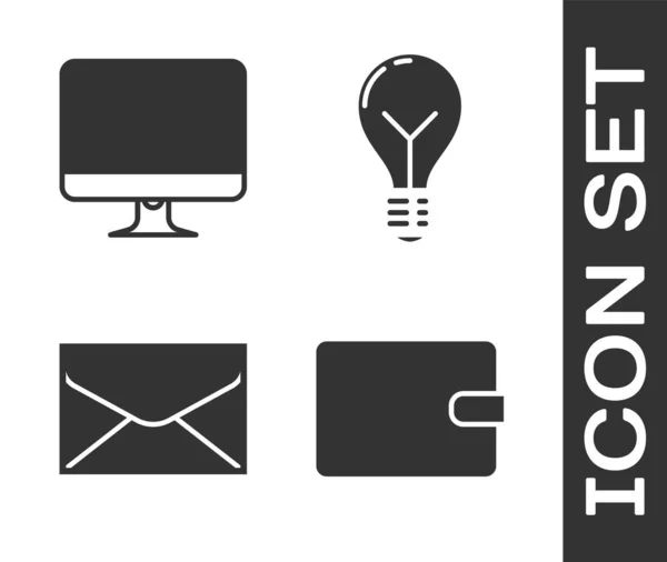 Set Portefeuille, Écran de moniteur d'ordinateur, Enveloppe et ampoule avec concept d'icône d'idée. Vecteur — Image vectorielle