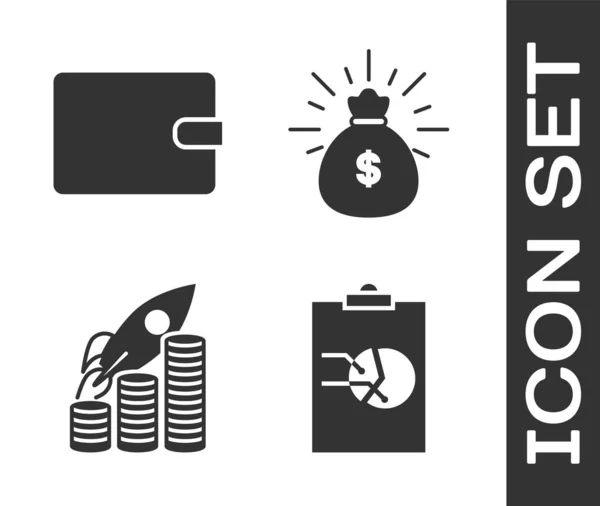 Zestaw Clipboard z wykresem, Portfel, Rakieta lecąca na wykresie wzrostu monet i ikona torba pieniędzy. Wektor — Wektor stockowy