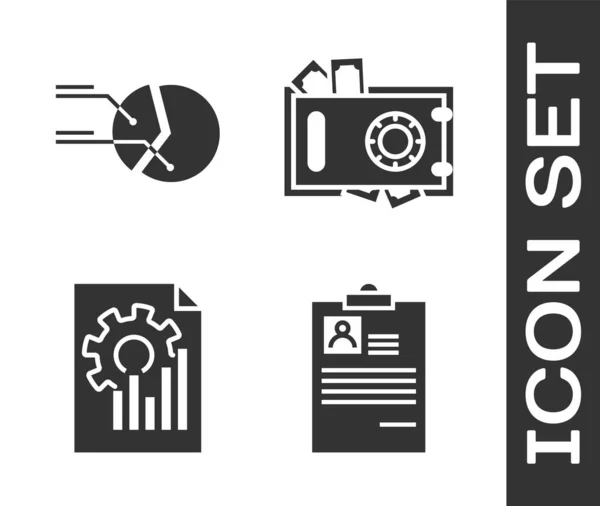 Set Clipboard with resume, Pie chart infographic, Document with graph chart and Safe and money icon. Vector — 스톡 벡터