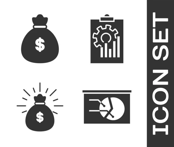 Set Board with graph chart, Money bag, Money bag and Clipboard with graph chart icon. Vector — Stock Vector