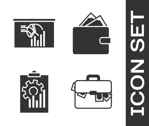 Set Briefcase and money, Board with graph chart, Clipboard with graph chart and Wallet with stacks paper money cash icon. Vector — 스톡 벡터