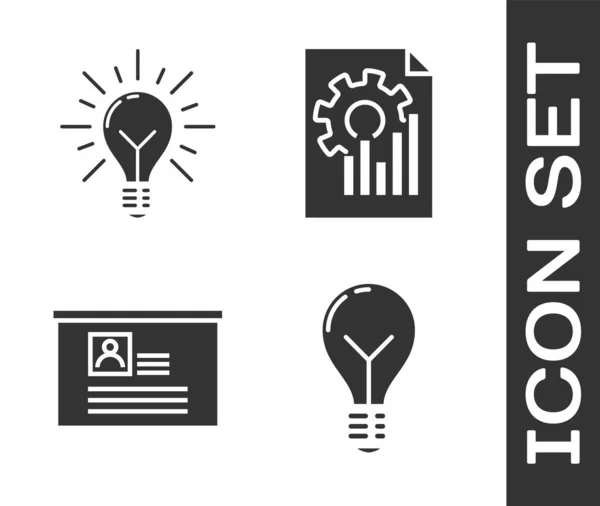 Set Light bulb with concept of idea, Light bulb with rays shine and concept of idea, Board with resume and Document with graph chart icon. Vector — 스톡 벡터