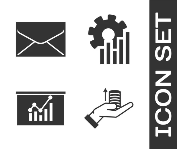 Set Money on hand, Envelope, Board with graph chart and Pie chart infographic icon. Vector — Stock Vector