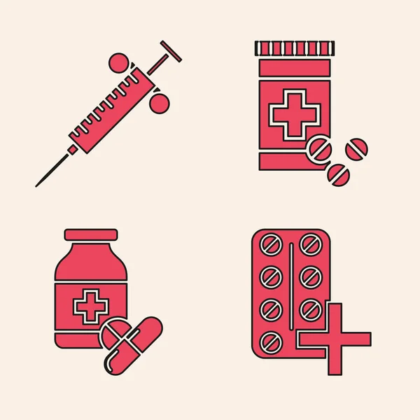 Набор таблетки в блистерной упаковке, шприц, бутылка с лекарством и таблетки и пузырек с лекарствами и таблетки значок. Вектор — стоковый вектор