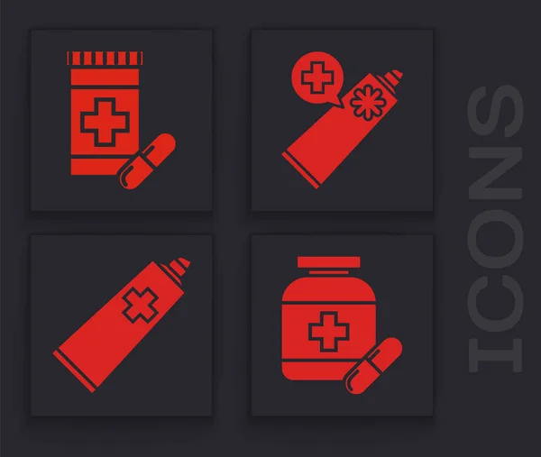 Набор лекарственных бутылок и таблеток, пузырьков лекарств и таблеток, мази крем трубки лекарства и мази крем таблетки значок лекарства. Вектор — стоковый вектор
