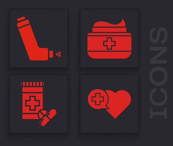 Herz mit Kreuz, Inhalator, Salbencremetuben, Medikamentenflasche und Pillen-Symbol. Vektor — Stockvektor