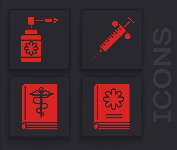 医学書、ノズルスプレー付き医療用ボトル、注射器、医学書のアイコンを設定します。ベクトル — ストックベクタ
