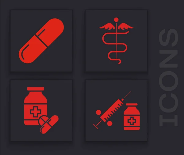 Set Jeringa médica con aguja y vial o ampolla, píldora o tableta de medicina, símbolo médico de la serpiente Caduceus y frasco de medicina e icono de la píldora. Vector — Vector de stock