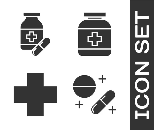 Set Medicine pilulky nebo tablety, Lék láhev a pilulky, Cross nemocnice lékařské a Medicine láhev ikony. Vektor — Stockový vektor