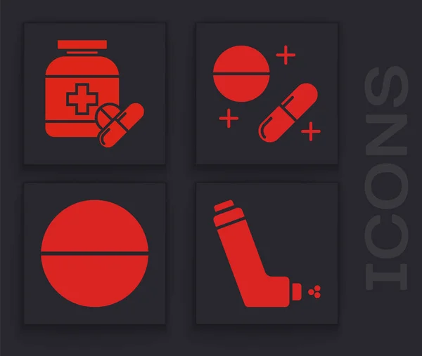 Set Inhaler, Medicine bottle and pills, Medicine pill or tablet and Medicine pill or tablet icon. Vector — Stock Vector