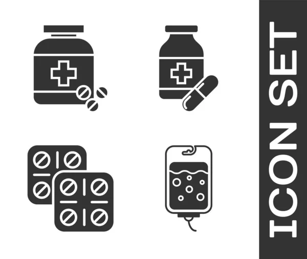 Set IV sáček, Lék láhev a pilulky, Prášky v blistru balení a Lék láhev a pilulky ikonu. Vektor — Stockový vektor