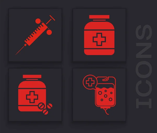 Set IV saco, seringa, garrafa de medicina e garrafa de medicina e pílulas ícone. Vetor — Vetor de Stock