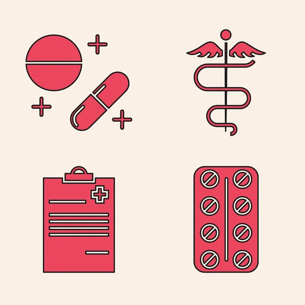 Set Píldoras en blister, píldora o tableta Medicinal, símbolo médico de serpiente Caduceus y portapapeles Médico con icono de la historia clínica. Vector — Vector de stock